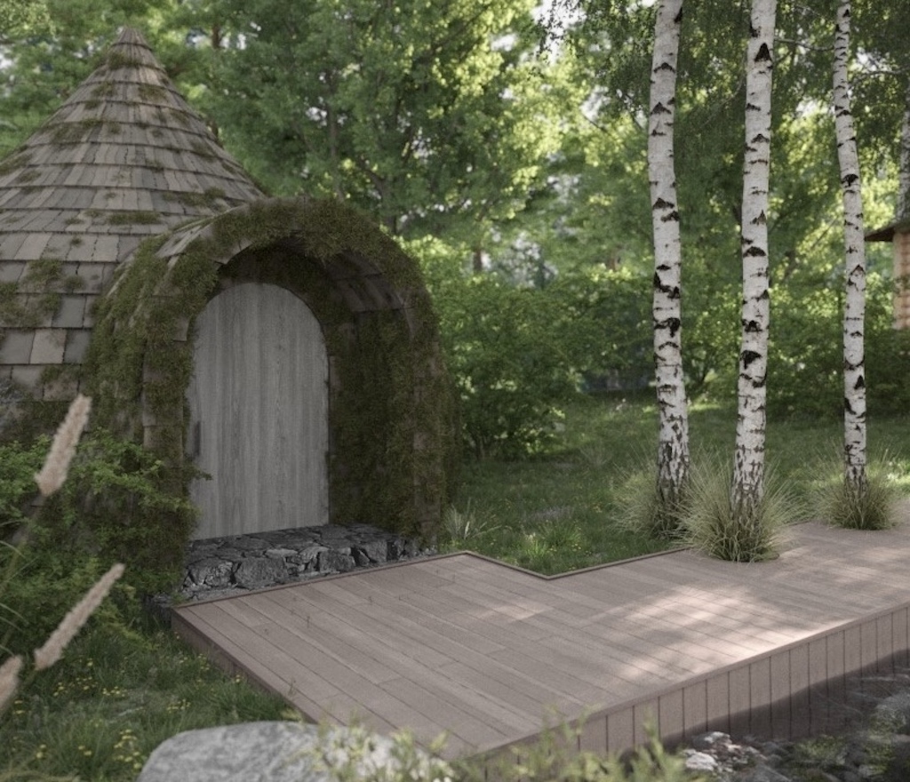 Outdoor sauna pavilion at the SPA in Chalet Alpino Resort set within an alpine forest landscape