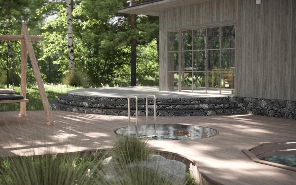 Hydrotherapy terrace render at the SPA in Chalet Alpino Resort featuring cold plunge and thermal bathing facilities