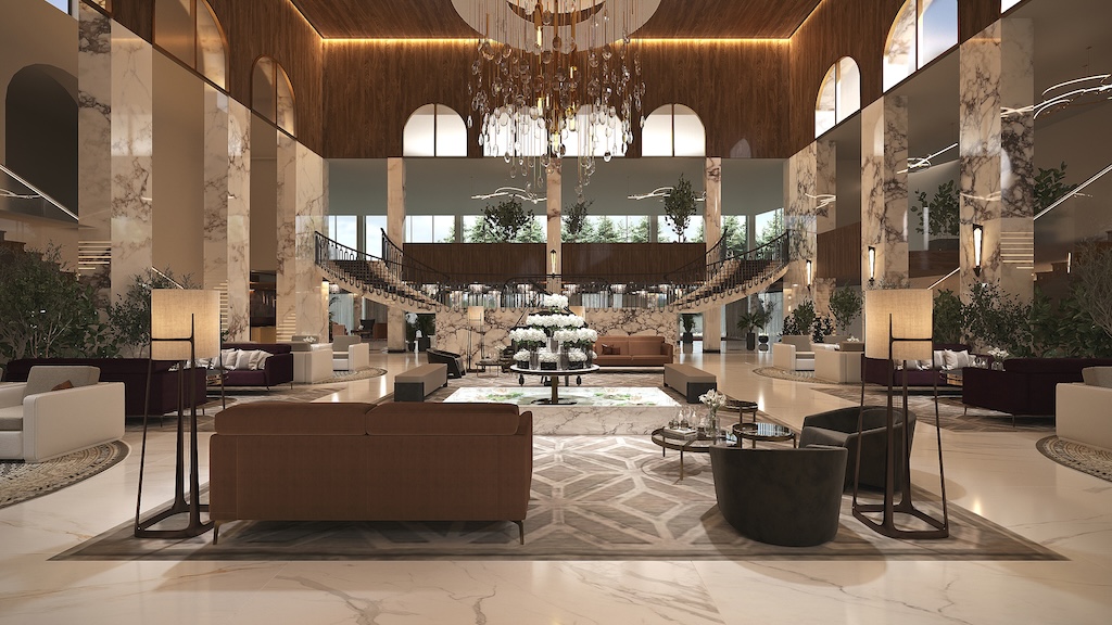 Luxury hotel atrium interior architecture by Claire Dominics Buro featuring grand staircase, bespoke chandelier and marble finishes