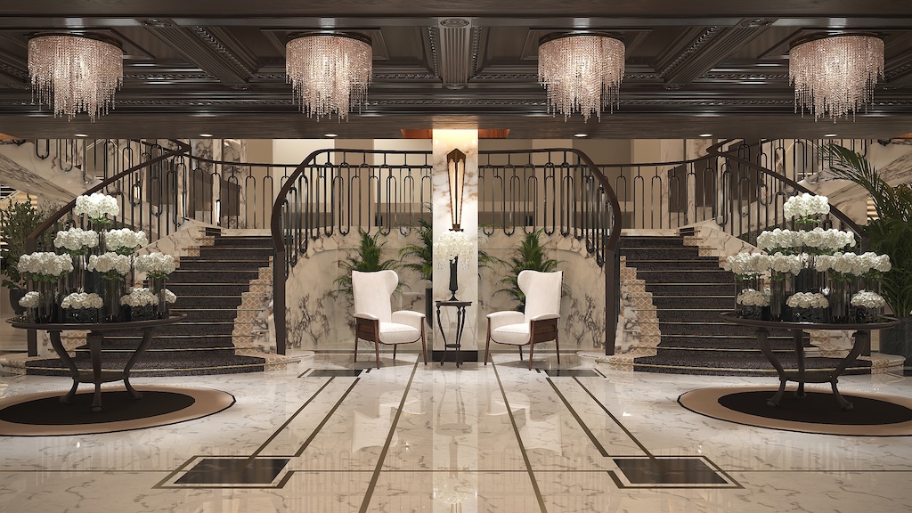 Luxury hotel lobby interior architecture by Claire Dominics Buro featuring grand double staircase, marble flooring and bespoke chandelier lighting
