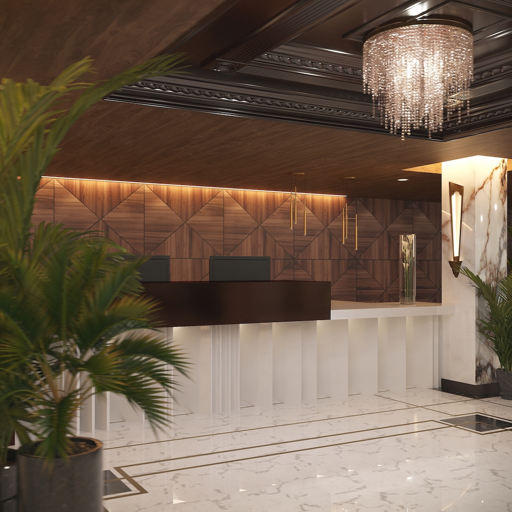 Luxury hotel reception interior design by Claire Dominics Buro featuring bespoke wood paneling, marble flooring and custom front desk