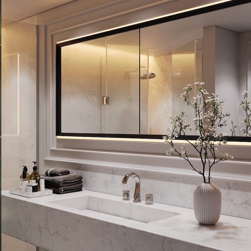 Luxury hotel suite bathroom interior architecture by Claire Dominics Buro featuring bespoke marble vanity and custom mirror lighting