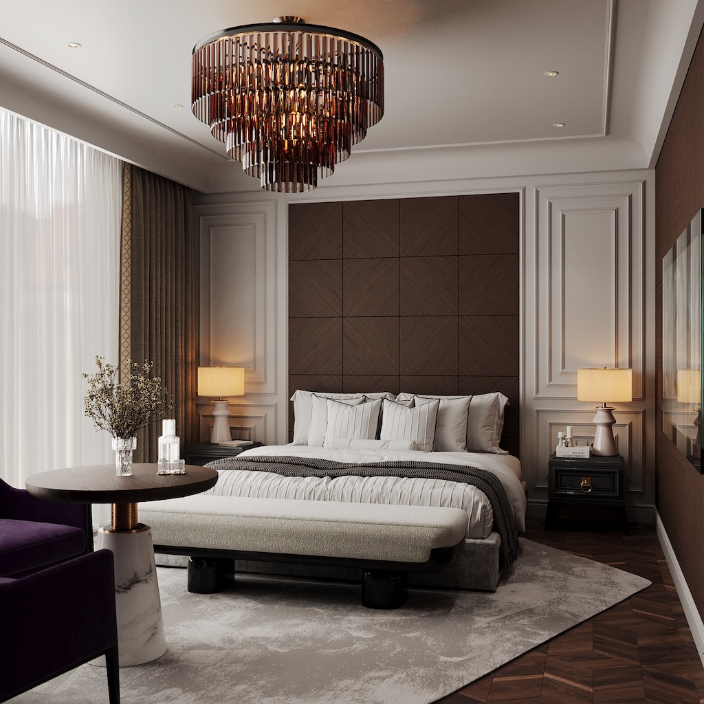 Luxury hotel suite interior design by Claire Dominics Buro featuring bespoke wood paneling, custom headboard wall and statement chandelier